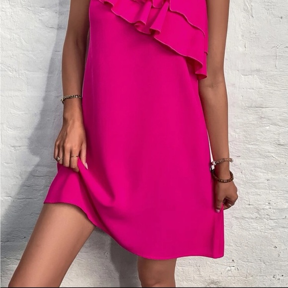 Women’s One Shoulder Layered Ruffle Trim PINK Tunic Dress Sz XL - Picture 3 of 6